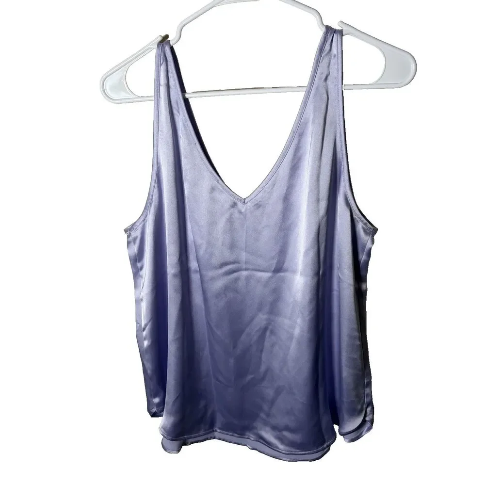 LOFT Tank Top Women's Large Purple Satin V-Neck Sleeveless Solid Basic Shirt NWT - Picture 2 of 10